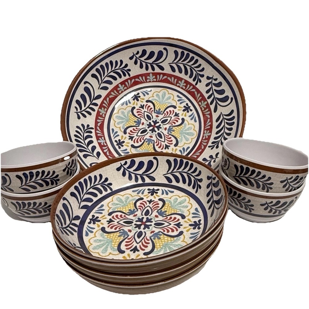 Mediterranean Melamine Style Dinnerware Set Of 9 Bowls Plates Outdoor Patio RV